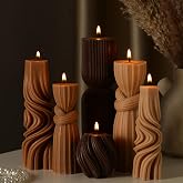 Threlaco 6 Pcs Fall Pillar Candles Autumn Unscented Brown Ribbed Candles | Rustic Farmhouse Home Decor, 1.97-6.89 Inch, for Autumn Thanksgiving, Long Burn Time, Wedding Dinner Table Decor