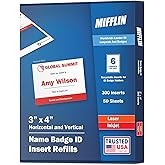 Mifflin-USA Name Badge Inserts, 3"x4" or 4"x3" Badge Inserts (300 Cardstock Refills, 50 Sheets), Compatible with Inkjet, Laser Printer, and Printable Sheets