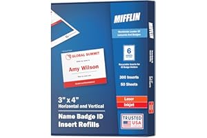 Mifflin-USA Name Badge Inserts, 3"x4" or 4"x3" Badge Inserts (300 Cardstock Refills, 50 Sheets), Compatible with Inkjet, Laser Printer, and Printable Sheets