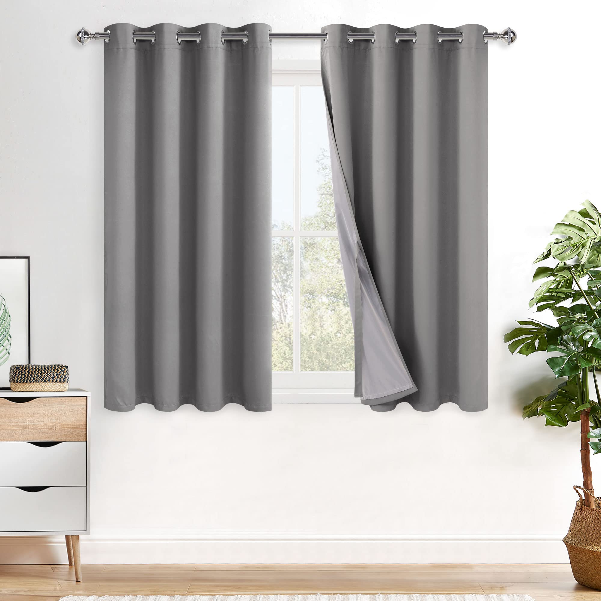 XWZO Complete Blackout Shades Window Curtain Panels with Tiebacks- Noise Reduction and Light Blocking Grommet Curtains with Black Liner for Studio, Basement Room, Grey, W52 x L54, Set of 2 Image