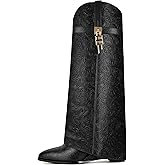 CDHYX Fold Over Boots for Women Pointy Pull-on Wedge Heel Knee Shark Boot With Side Zipper Padlock Design