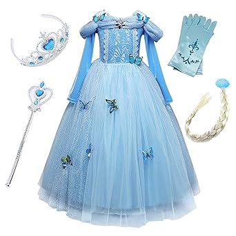 FStory&Winyee Mädchen Prinzessin Kleid Kinder Cinderella Kostüm Cosplay Schmetterling Blau Karneval Party Verkleidung Faschin