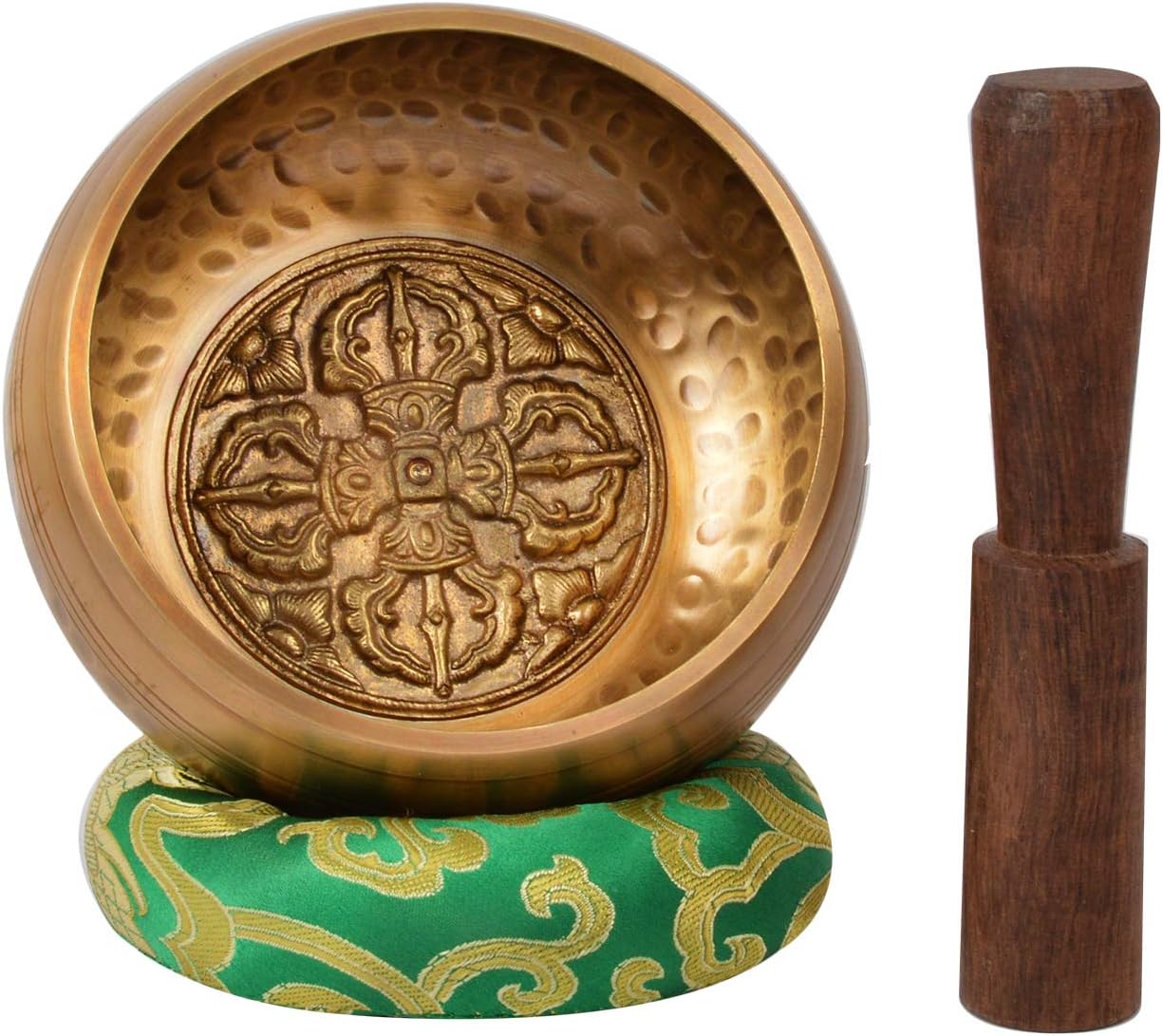 Tibetan Hand Beaten Meditation Singing Bowl with Double Bajra Crafted and matching protective pouch-HAM(BAJ)-1(Small)