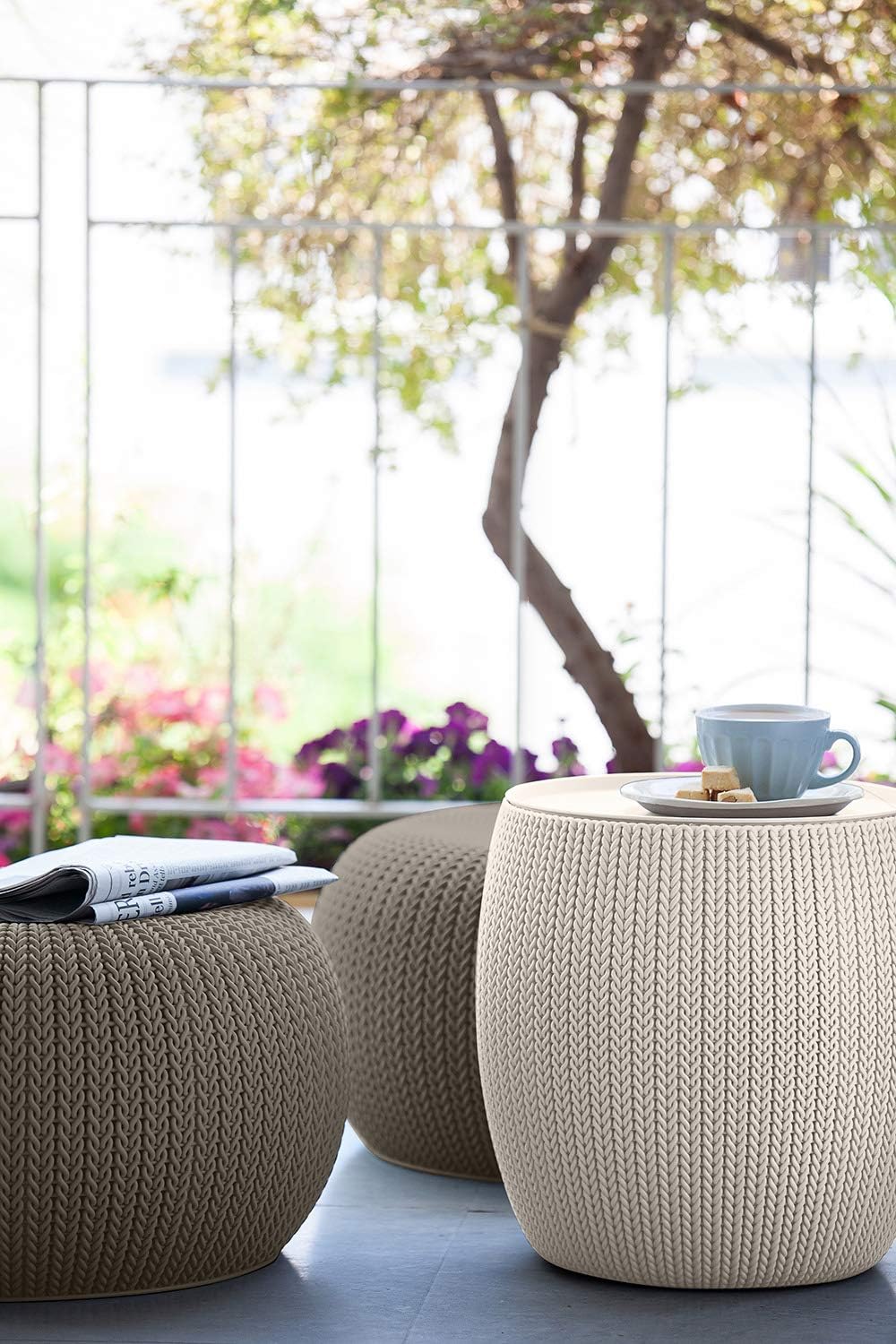 KETER Urban Knit Pouf Ottoman Set of 2 with Storage Table for Patio and Room Décor-Perfect for Balcony, Deck, and Outdoor Seating, Cream & Taupe : Garden & Outdoor