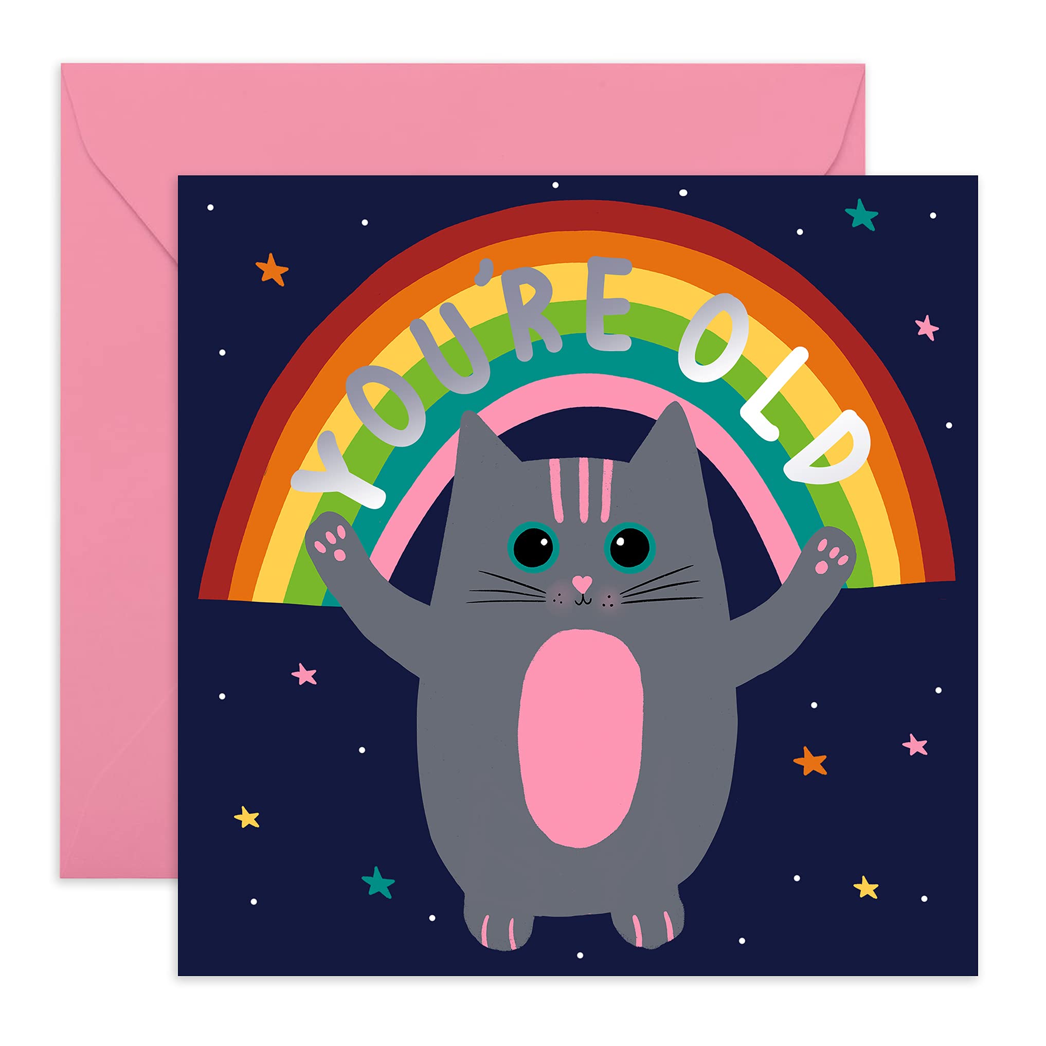 Central 23 Cheddar The Cat - Funny Birthday Card for Mum - 'You're Old' - Humorous Birthday Card for Sister - Comes with Fun Stickers,orange|grey|blue|pink,145x145mm