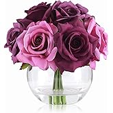 WELL KNOWN Silk Purple and Pink Roses Bouquet in Vase, Artificial Fake Flowers Arrangements in Glass Vase with Faux Water for Home Office Hotel Birthday Wedding Party Table Decoration & Mom's Gift