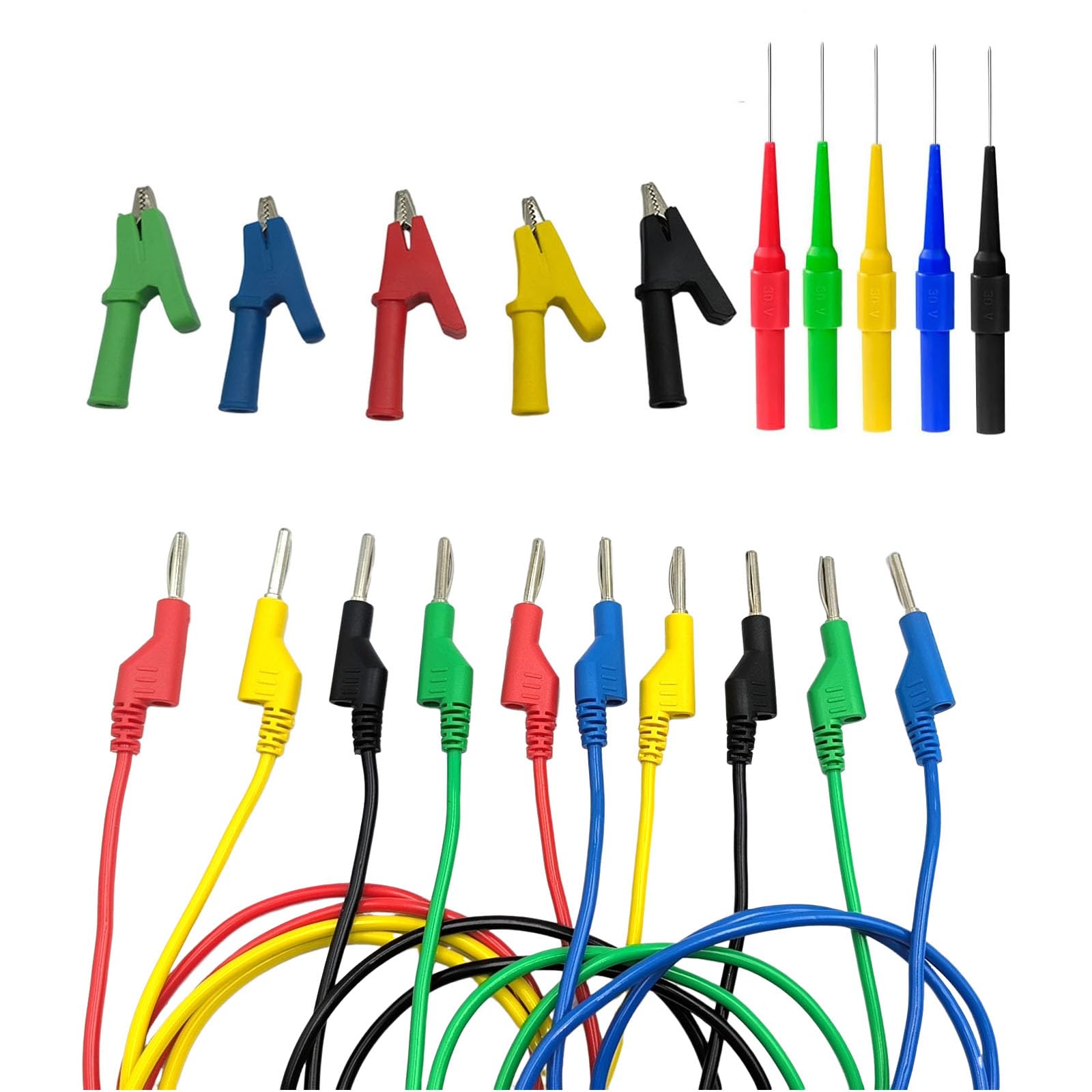5Pcs 4mm Stackable Banana to Banana Plug Test Leads, with 5PCS Copper Alligator Crocodile Clips. 5pcs Probes Pin Insulation Piercing Needle for Multimeter Electrical Testing