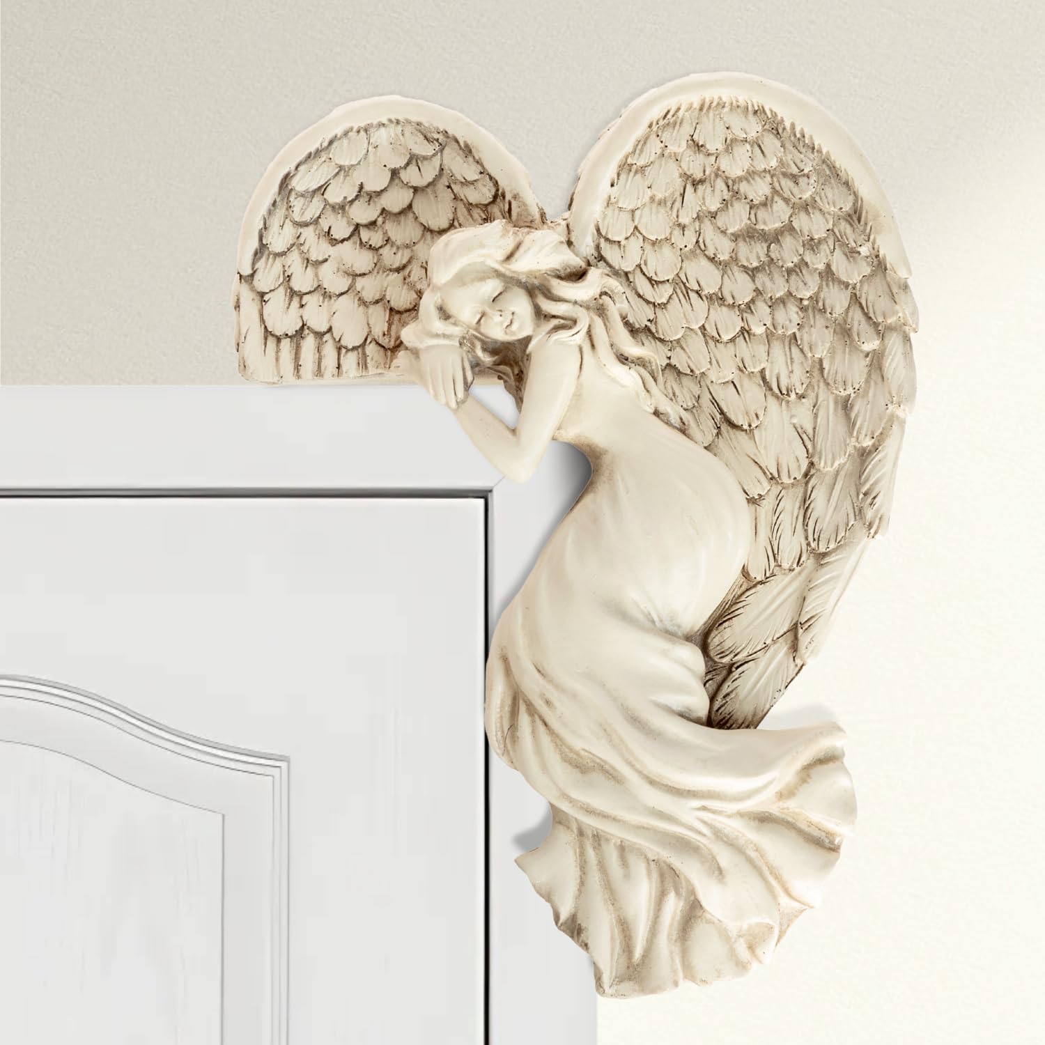 Garden Mile Modern Ivory Angel Wings Door Frame Ornament - Vintage Shabby Chic Style Resin Right Angle Wall Sculpture Ornament - Christmas Decorations, Ideal for Garden, Weddings, Home Decor (25cm)