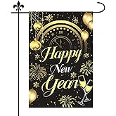 Happy New Year Garden Flag, 18x12in Double Sided Outdoor Flag with Golden Words Black Backdrop Cheers Fireworks Pattern Yard Decorations