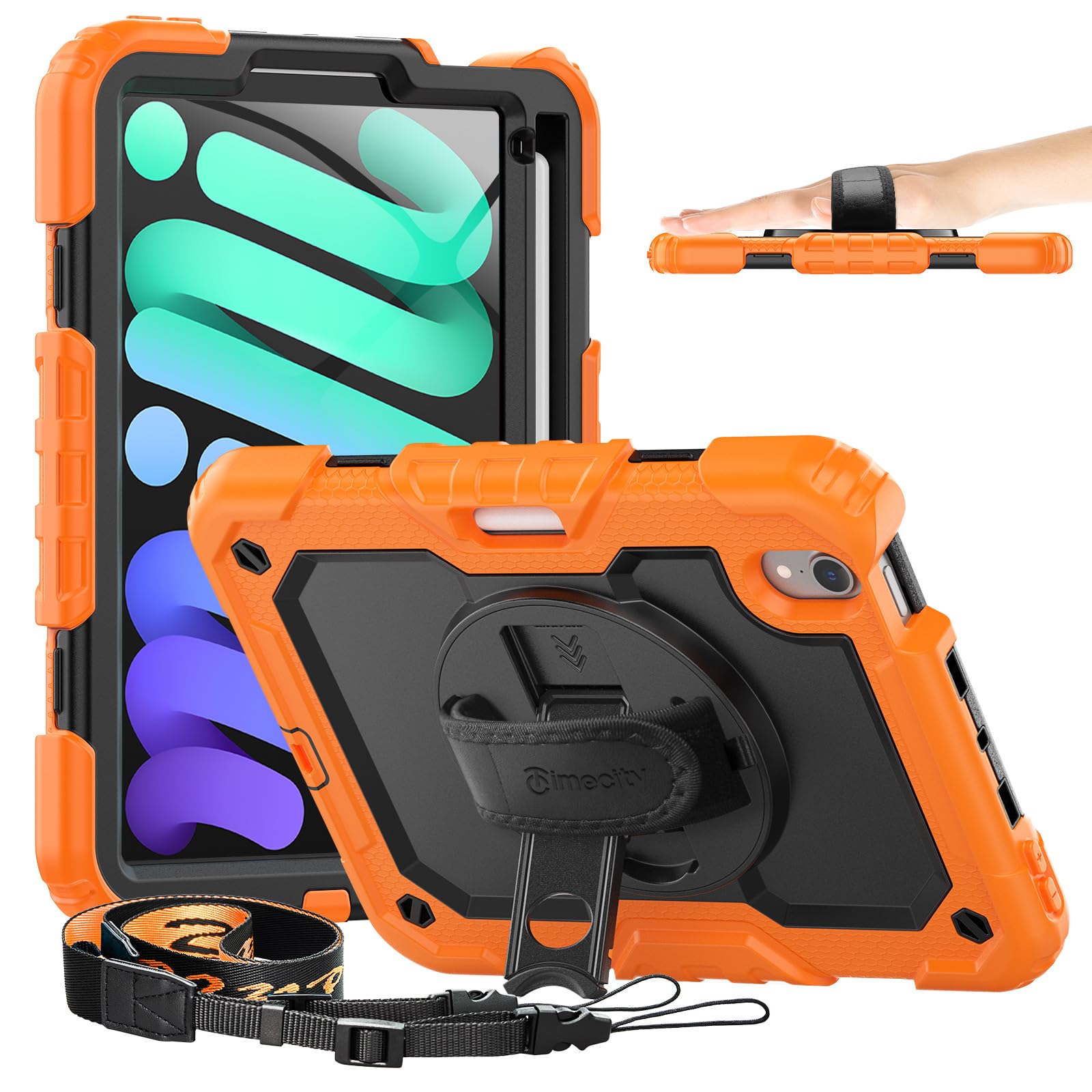 Photo 1 of Timecity Case for iPad mini 7th/6th Generation 2024/2021 8.3 inch, Full-Body Protective for iPad mini 7/ Mini 6 Case with Screen Protector Pencil Holder Swivel Stand Hand/Shoulder Strap- Orange