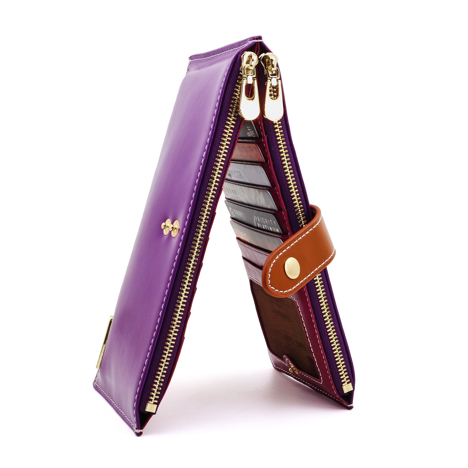 ANDOILT Women's Genuine Leather Wallet RFID Blocking Credit Card Holder Zipper Purse Cell Phone Handbag Purple