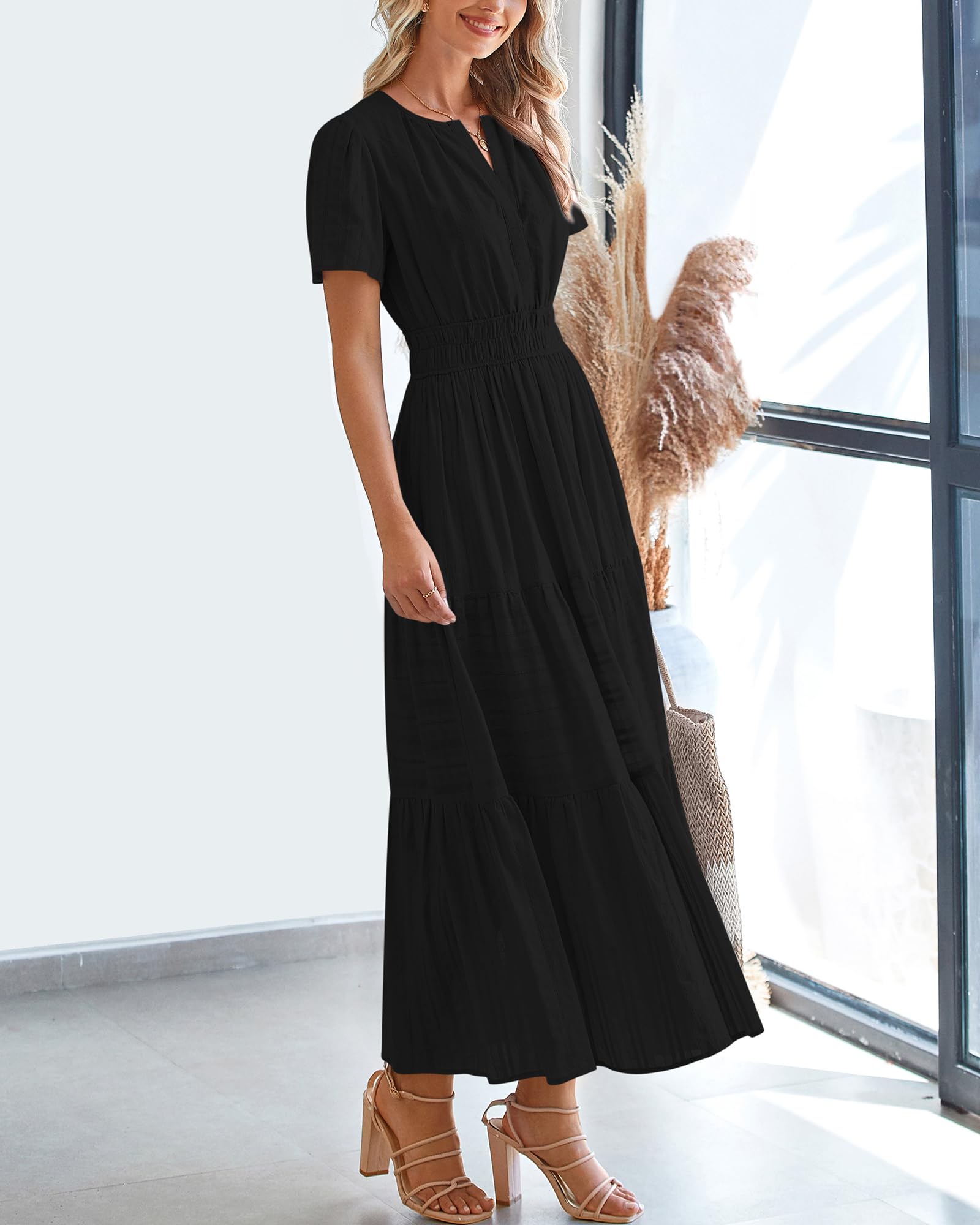 BTFBM Womens Summer 2025 Casual Midi Maxi Dresses Lightweight Short Sleeve V Neck Elastic Waist Boho Beach Dress Pockets(Black, Medium) - Image 8