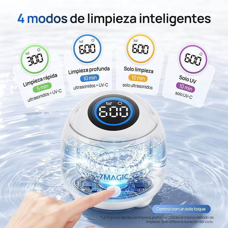 Limpiador ultrasonidos para férula dental, 48 kHz, UV-C, Blanco