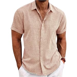Mens Linen Shirts Short Sleeve Button Down Shirts Casual Summer Fashion Beach Vacation Clothing with Pocket
