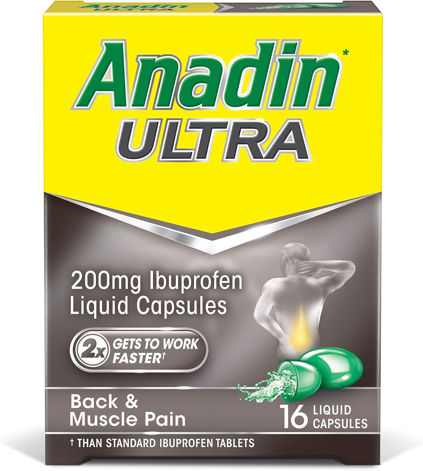 Anadin Ultra Ibuprofen Back & Muscle Pain Relief Liquid Capsules, Pack of 16, 16 count (Pack of 1)