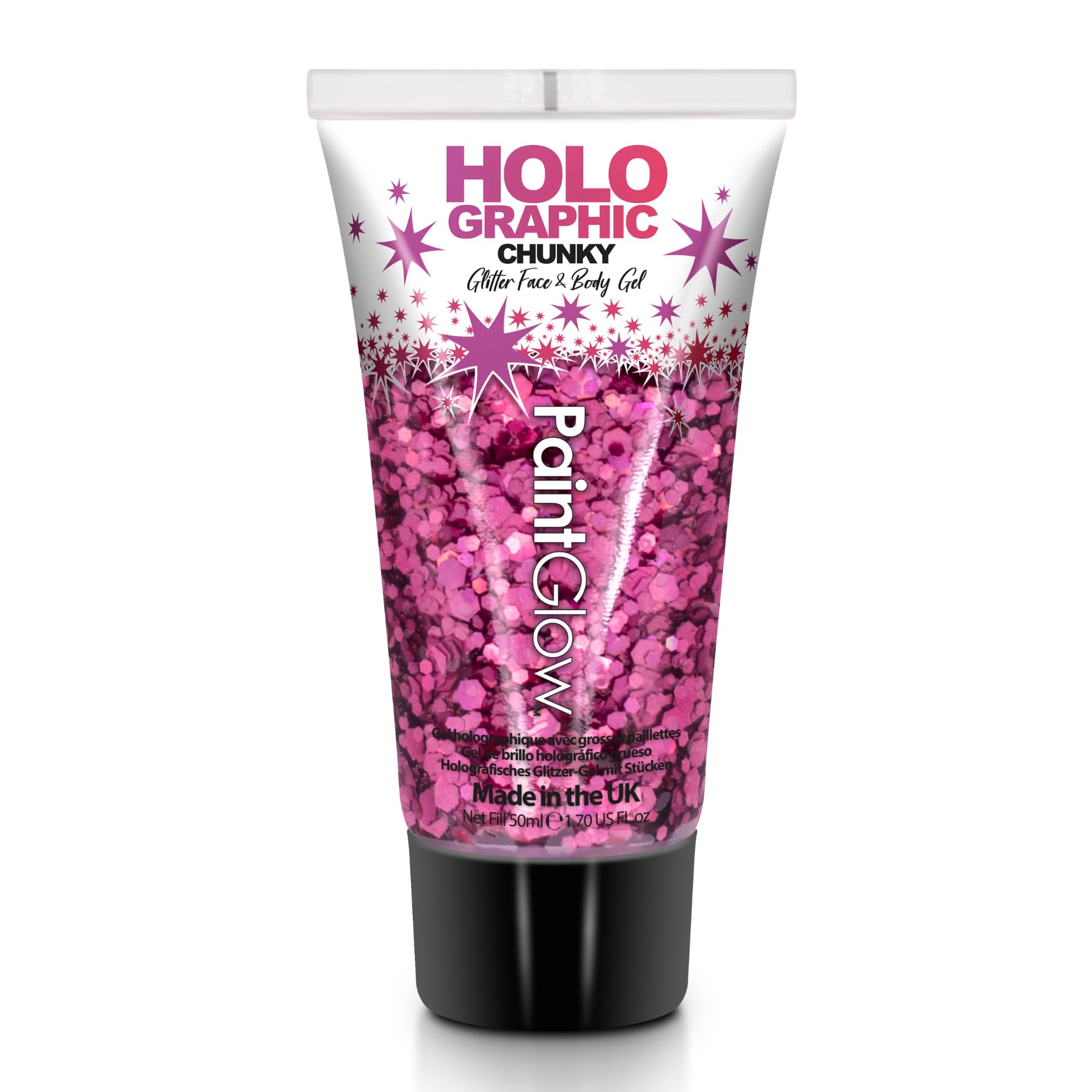 Chunky Cosmetic Glitter gels 50ml for face, Body & Hair from PaintGlow (Vegan) (Princess Pink)