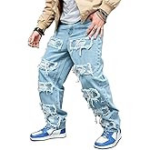 HBER Baggy Stacked Jeans Men Teen Boys Y2k Mid Rise Distressed Ripped Jeans Straight Leg Hip Hop Denim Pants Streetwear