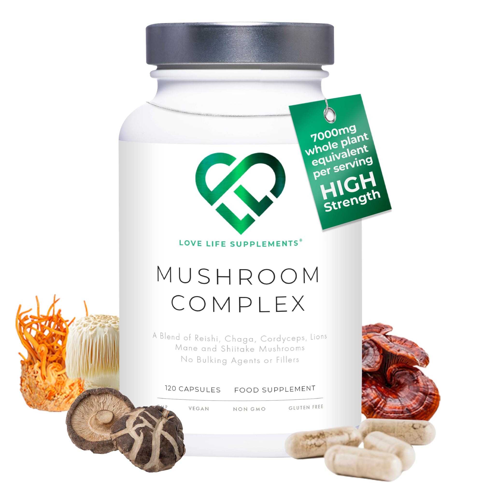 Mushroom Complex by LLS | Contains 1000mg Reishi, Chaga, Cordyceps, Lions Mane and Shiitake Mushrooms | 120 Capsules - 2 Month Supply | No Fillers | Vegan | Love Life Supplements