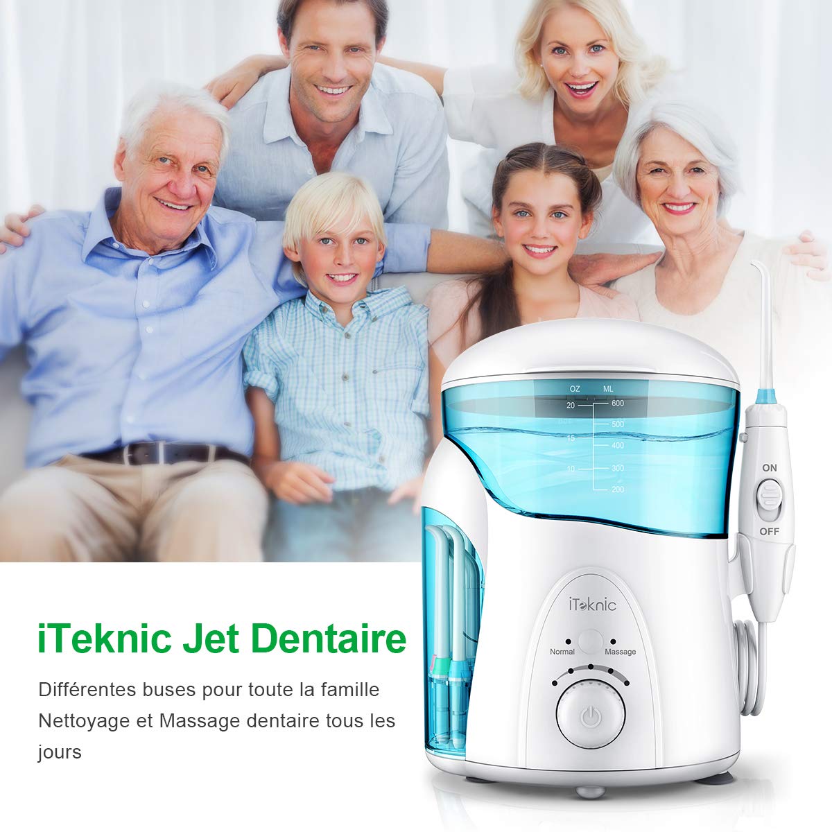Hydropulseur Jet Dentaire Électrique, iTeknic Irrigateur Dentaire Oral Professionnel avec Stérilisateur UV, 7 Buses de Rechange Réservoir 600ml Hydrojet pour Soins Nettoyage Hygiène Bucco Dentaire