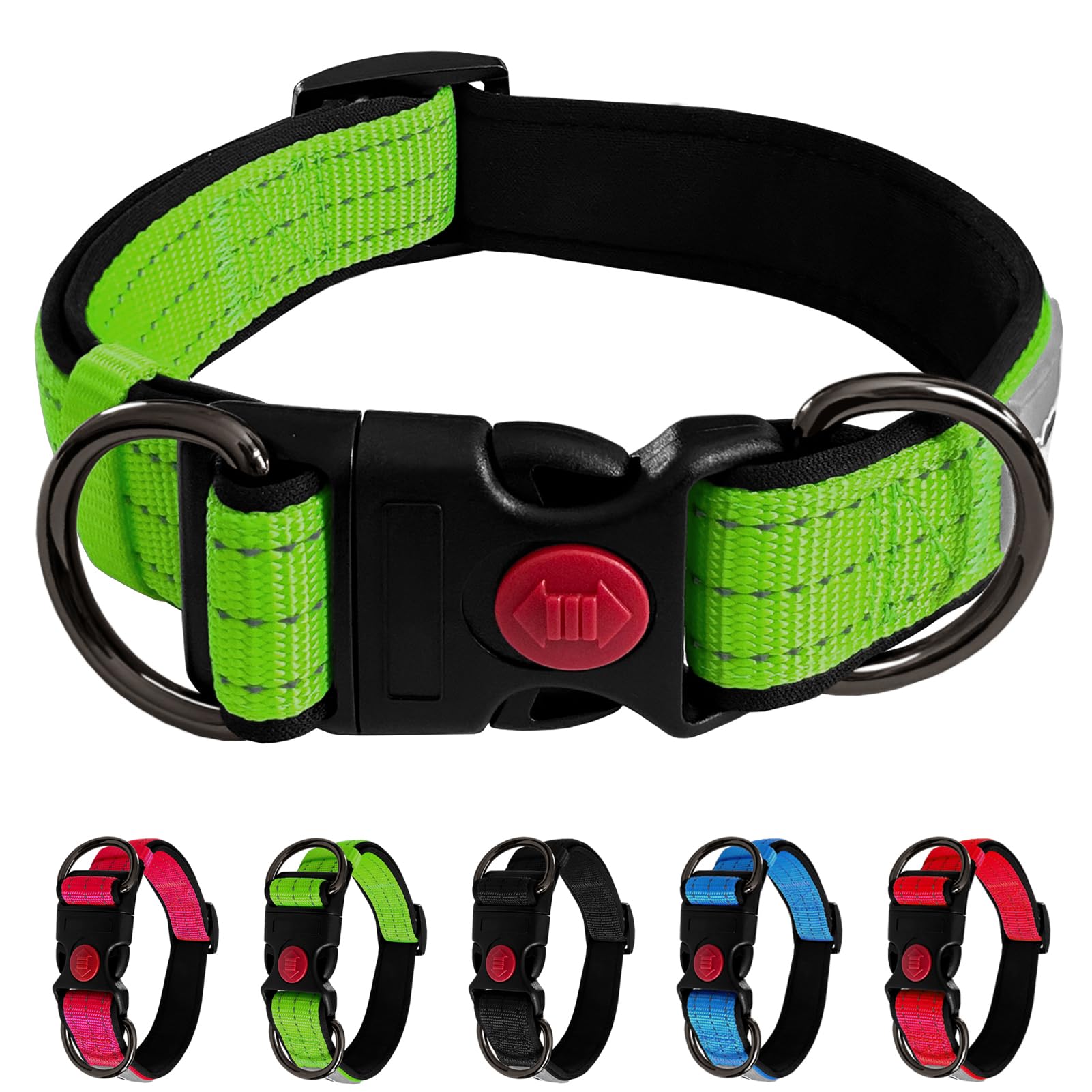 LOS ANDES Dog Collar, Reflective Basic Dog Collar Adjustable Pet Collar with Safety Buckle Durable Heavy Duty Dog Collar for Puppy Small Medium Large Dogs,Green,M