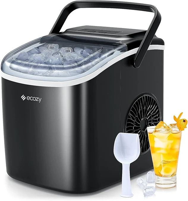 ecozy Portable Countertop Ice Maker - 9 Ice Cubes in 6 Minutes, 26 lbs Daily Output, Self-Cleaning with Ice Bags, Scoop, and Basket for Kitchen, Office, Bar, Party - Black