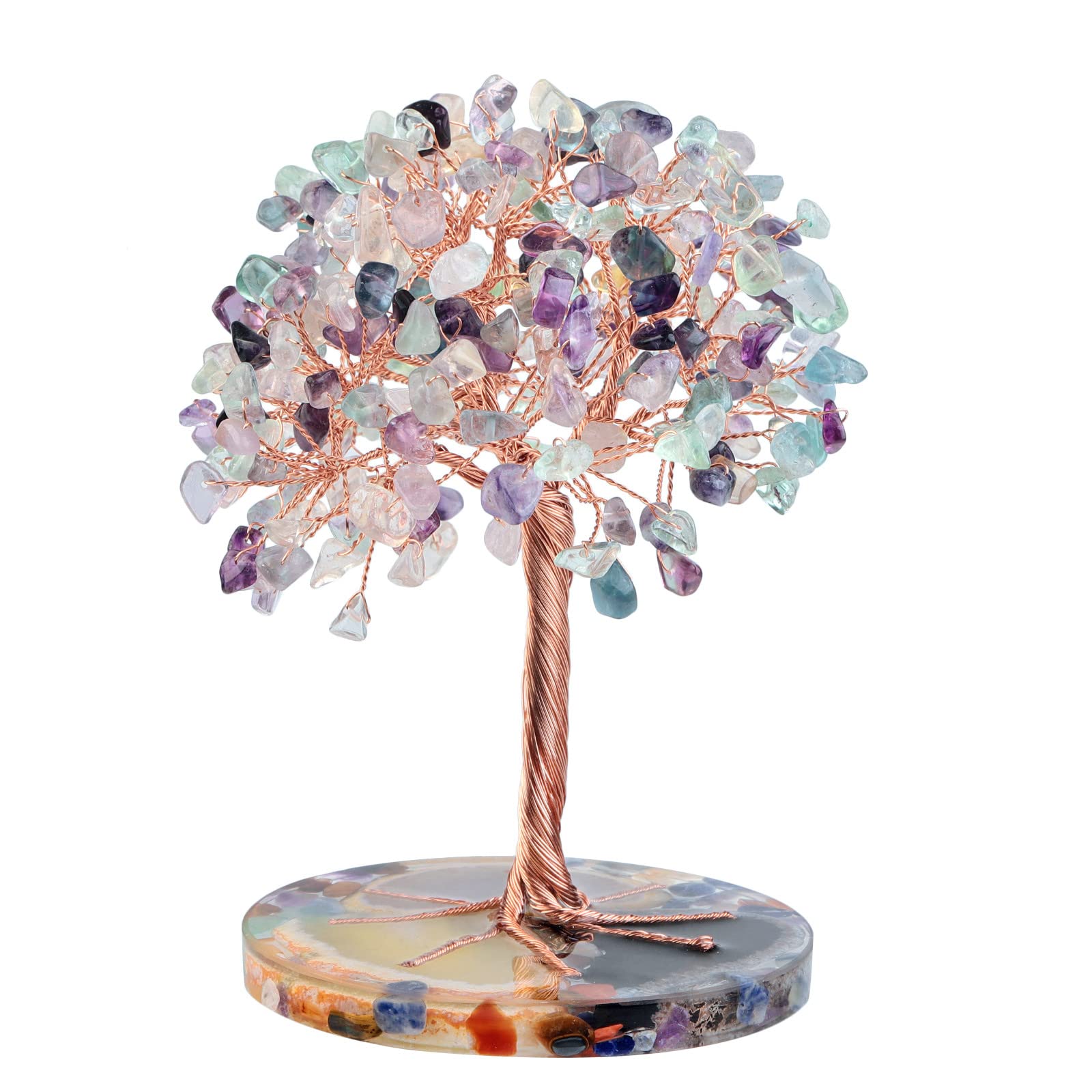 Nupuyai Fluorite Crystal Money Tree with Agate Slice Base, Energy Healing Stone Tree Good Luck Fengshui Spiritual Ornament Home Office Decor