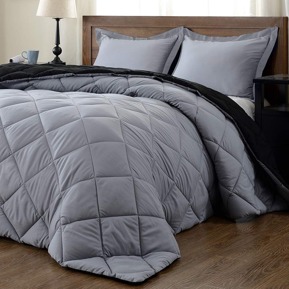 downluxe Lightweight Solid Comforter Set (Queen) with 2 Pillow Shams - 3-Piece Set - Black and Grey - Down Alternative Reversible Comforter: Home & Kitchen