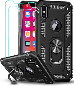 LeYi iPhone Xs Max Case (Not Fit iPhone Xs) with Tempered Glass Screen Protector [2 Pack] for Women Men, [Military Grade] Protective Phone Case with Ring Kickstand for iPhone Xs Max / 10Xs Max, Black