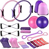 21 Pcs Pilates Ring Circle Set Home Pilates Equipment Kit for Women Pilates Equipment Home Workout Equipment Set Includes 9.8 In Ball Yoga Ring Stretching Strap 8 Resistance Bands Non Slip Socks