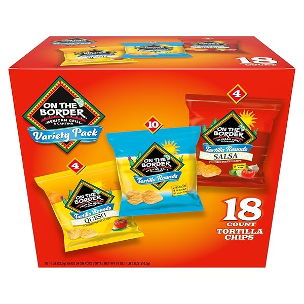 ON THE BORDER TORTILLA CHIPS VARIETY PACK, 18 COUNT SINGLE-SERVE BAGS (1 OZ EACH) – INCLUDES TORTILLA ROUNDS, QUESO FLAVORED TORTILLA ROUNDS, AND SALSA FLAVORED TORTILLA ROUNDS – PERFECT FOR SNACKING, LUNCHES, AND ON-THE-GO