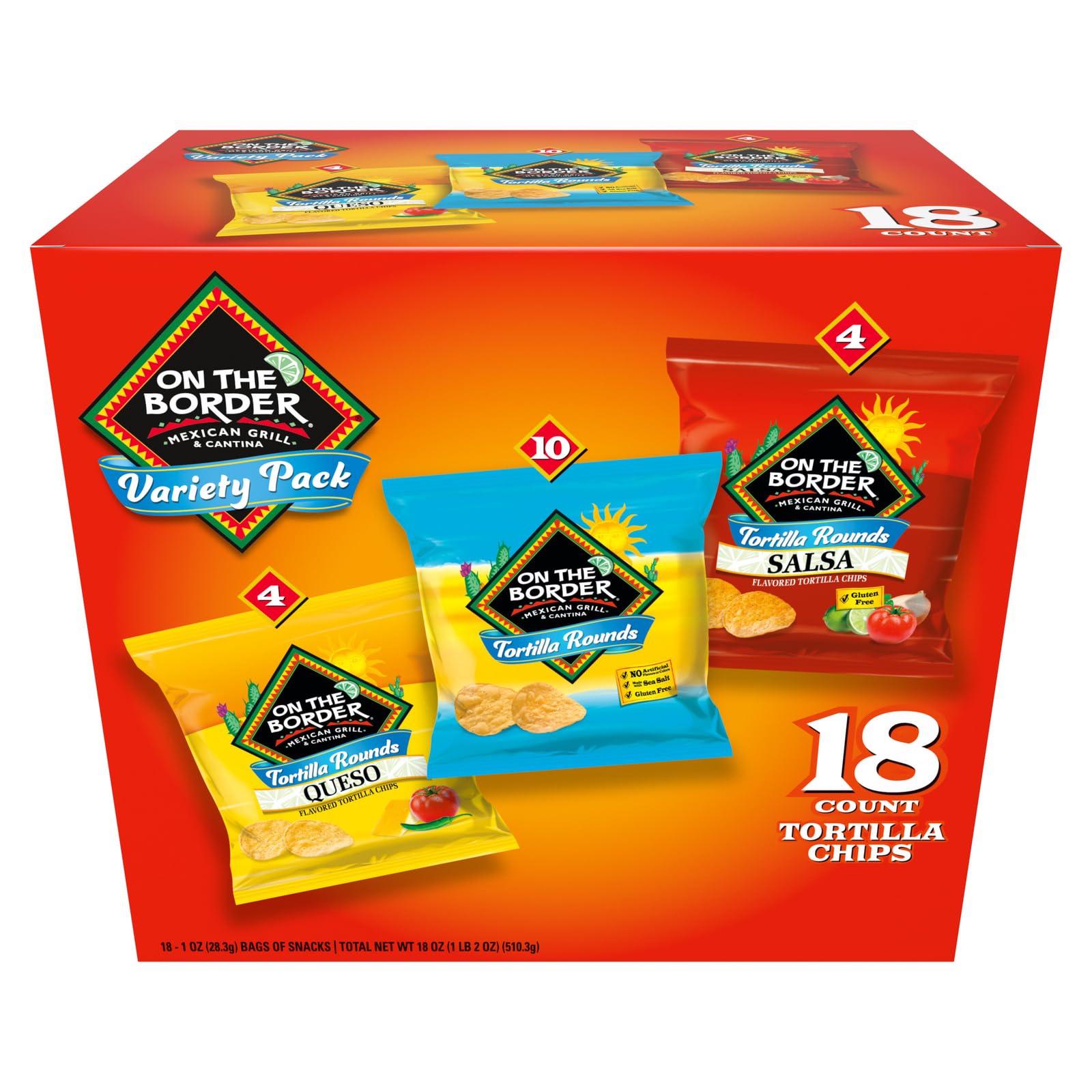 Photo 1 of *** EXPIRATION: February 9, 2026 *** On The Border Tortilla Chips Variety Pack, 18 Count Single-Serve Bags (1 oz Each) – Includes Tortilla Rounds, Queso Flavored Tortilla Rounds, and Salsa Flavored Tortilla Rounds – Perfect for Snacking, Lunches, and On-t