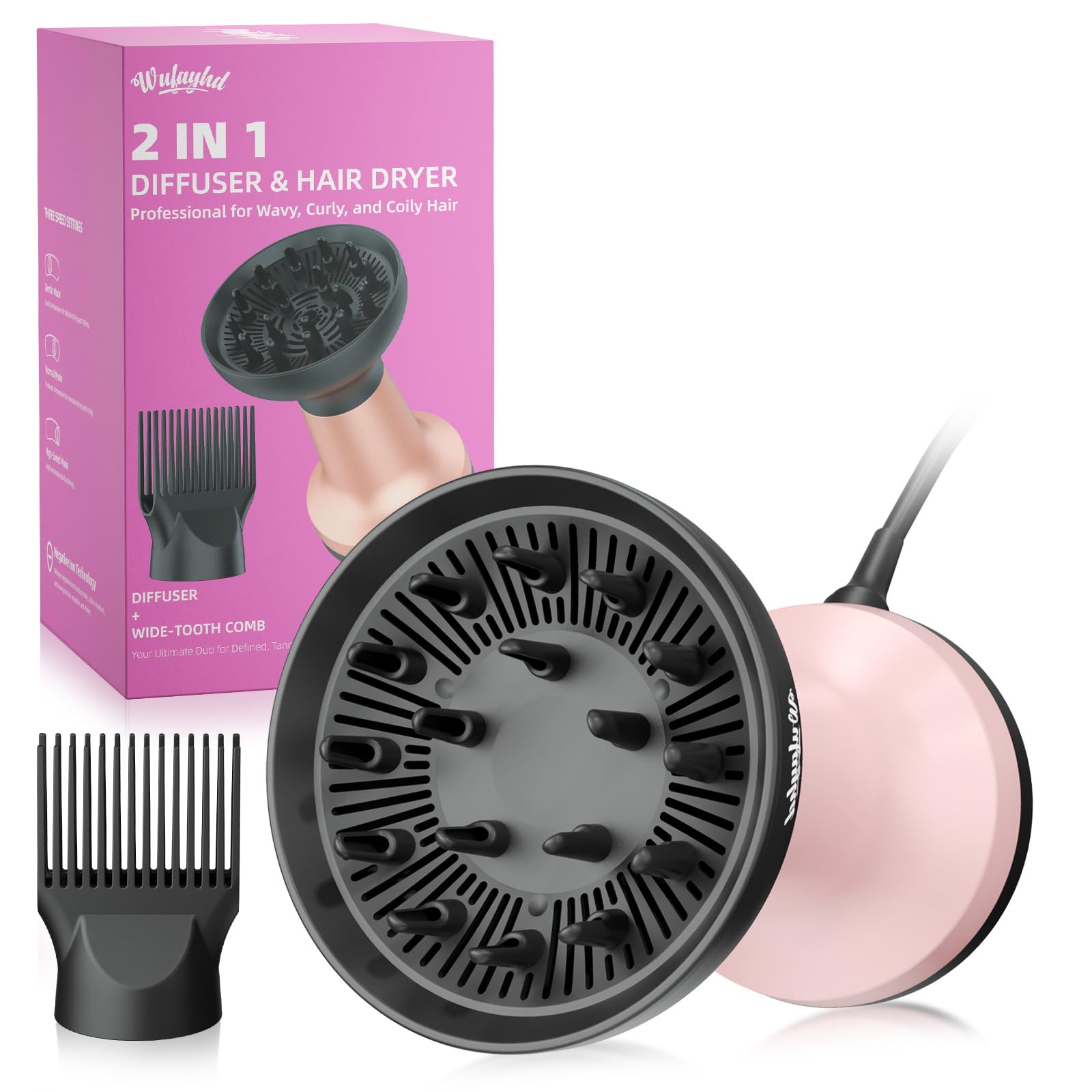 Photo 1 of WUFAYHD 2-in-1 Diffuser Hair Dryer for Curly Hair: 1875W Ionic Hair Dryer w/Comb & Diffuser Attachment, Fast Drying, Reduces Frizz, Anti-Heat Handle Blow Dryer with ALCI Plug, Gift for Women Her