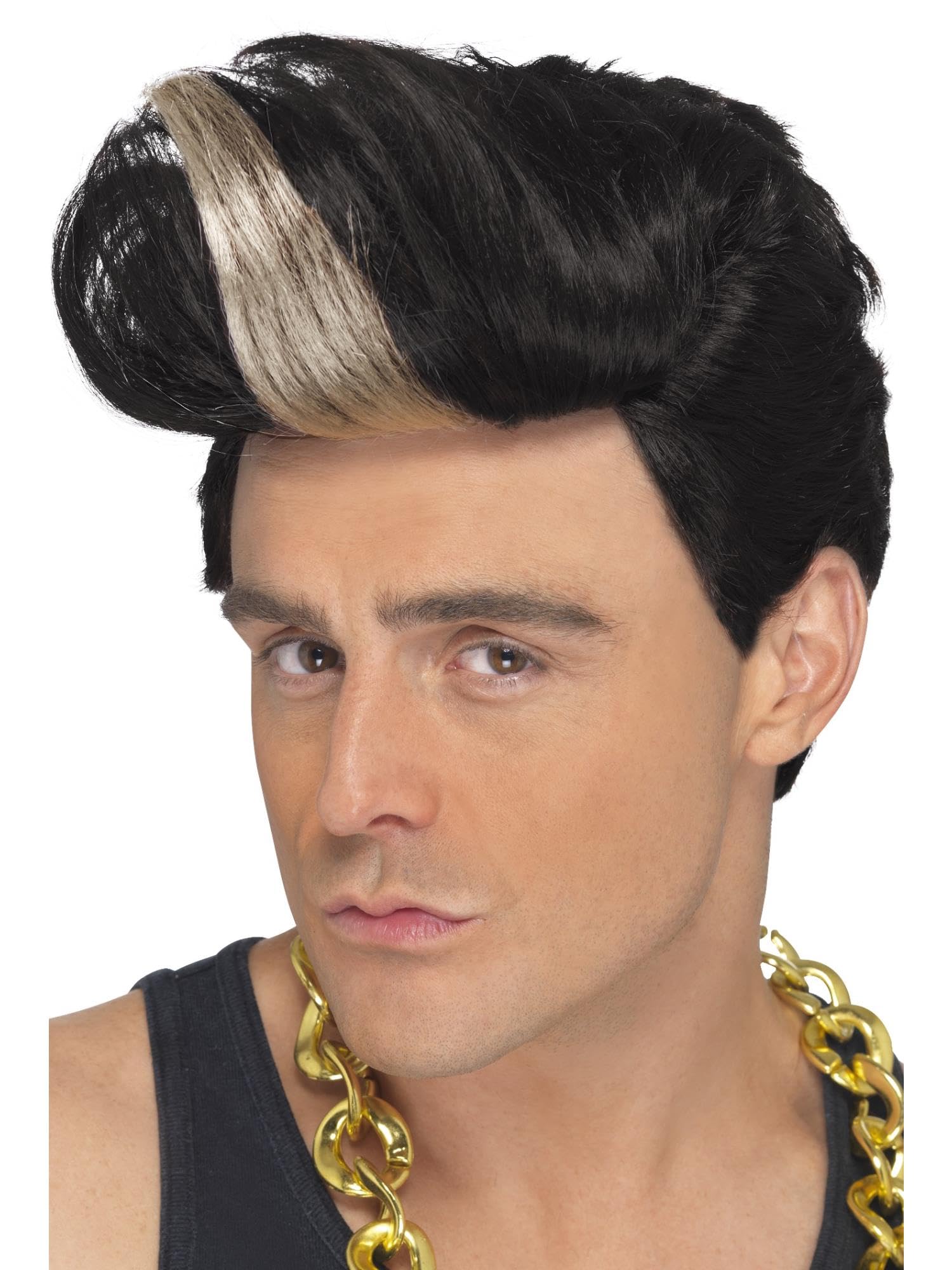 Smiffys 90s Rapper Wig, Black Quiff Wig with Highlight, 1990's Fancy Dress, Adult Dress Up Wigs