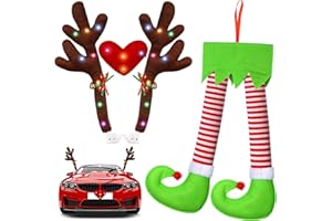 FRIENDA 2 Pieces Car Reindeer Antler Kit Christmas Decorations with LED Lights Hanging Santa Claus Legs and Deer Nose Star Candy Canes Auto Accessories for Christmas Car Decorations(Striped Style)