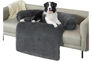 WELLYELO Large Calming Dog Bed Dog Sofa Couch Beds for Large Dogs and Cats Fluffy Plush Dog Mats for Furniture Protector with Washable Cover (41x37x6, Gray)
