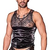 GENEMEN Mens Lace Tank Tops Sexy Sheer Vests See Through Sleeve Shirts