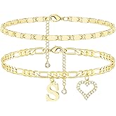 Wremily Initial Ankle Bracelets for Women Waterproof 14K Gold Plated Dainty Layered Figaro Chain Letter Initial CZ Heart Ankle Bracelets Set Summer Beach Jewelry for Women