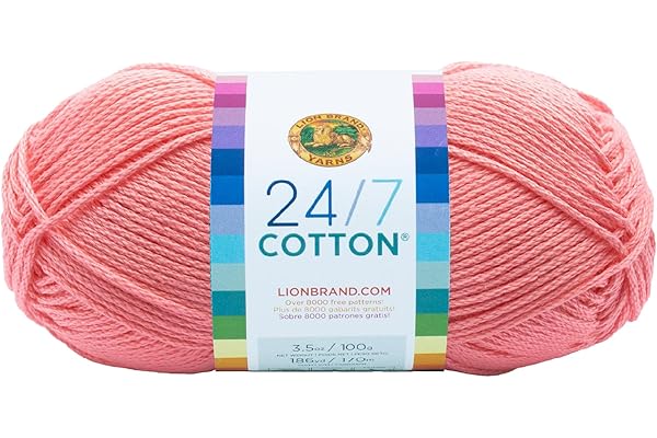 Lion Brand Yarn Lightweight 24/7 Cotton Yarn for Knitting, Crocheting, and Crafts, Pink, 1 Pack