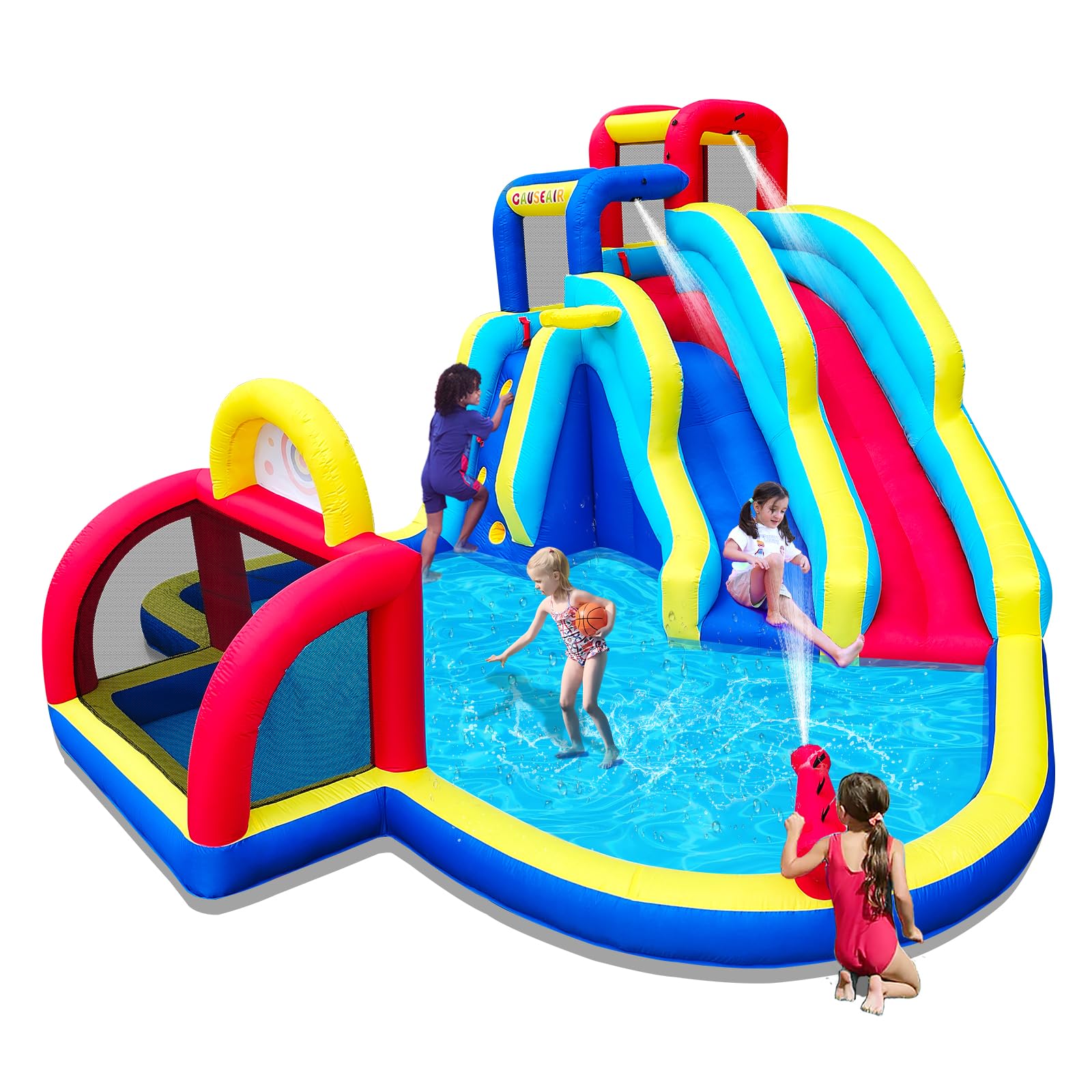 Photo 1 of Causeair Inflatable Double Water Slide with Soccer Goal,Big Splash Pool,Water Cannon,Basketball Hoop,Fun Climb Wall,GFCI Blower,Bounce Slide for Party Fun