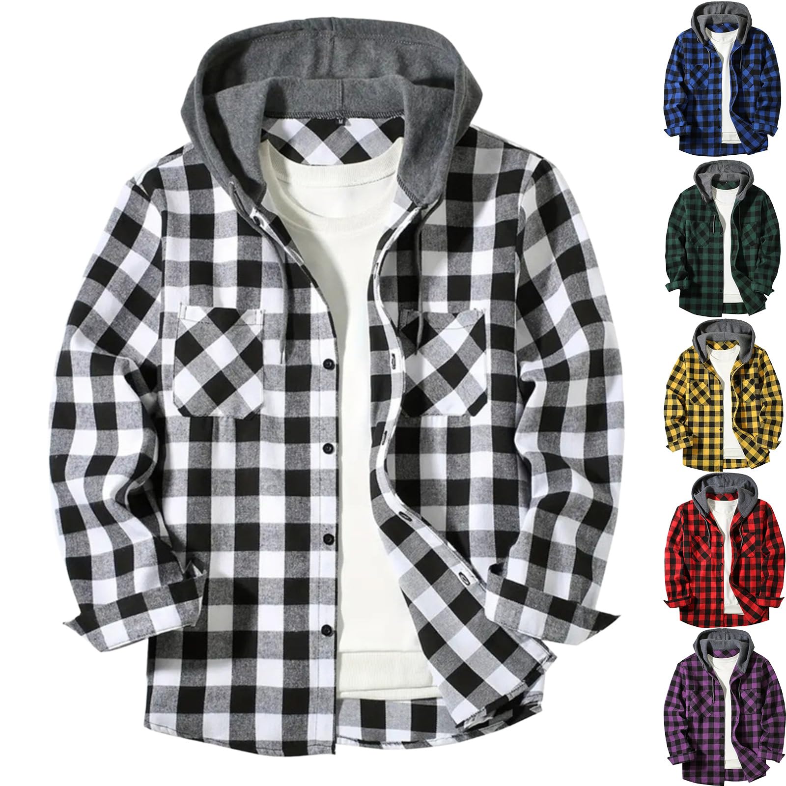 Photo 1 of ***USED*** VELONLLONE Flannel Jacket for Men Fall Plaid Printed Long Sleeve Button Down Hoodie Lightweight Casual Shirts Coat Outerwear SIZE XL