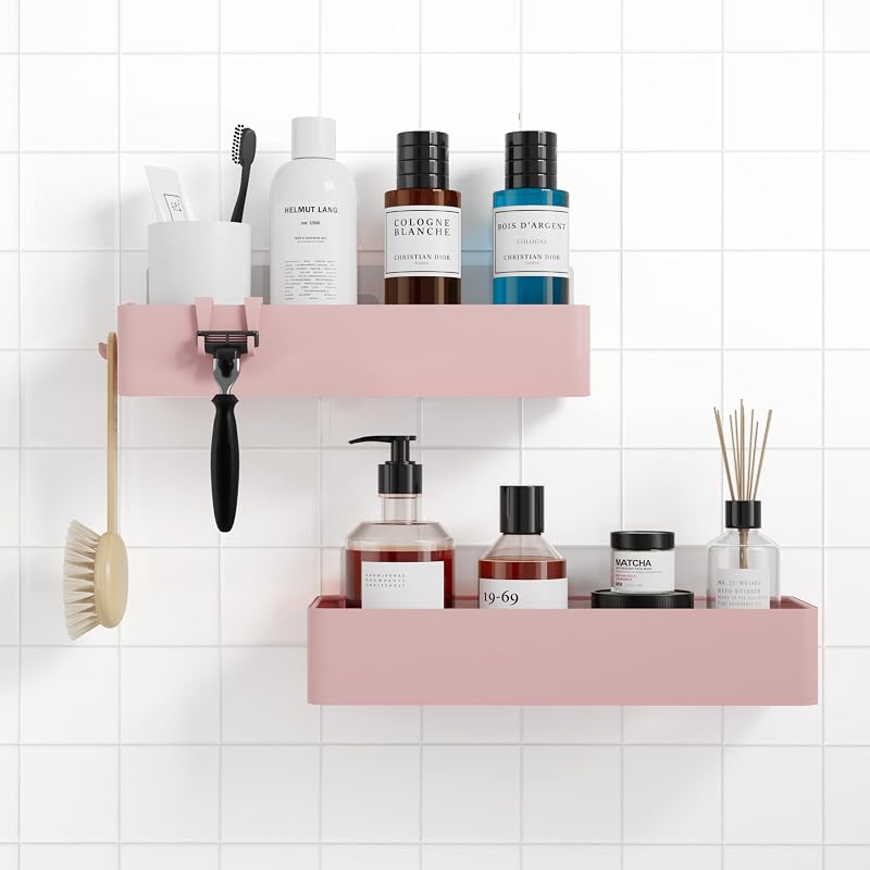 Kitsure 2 Pack Rustproof Shower Caddy Large 29.9cm 28.9cm Drill-Free Pink
