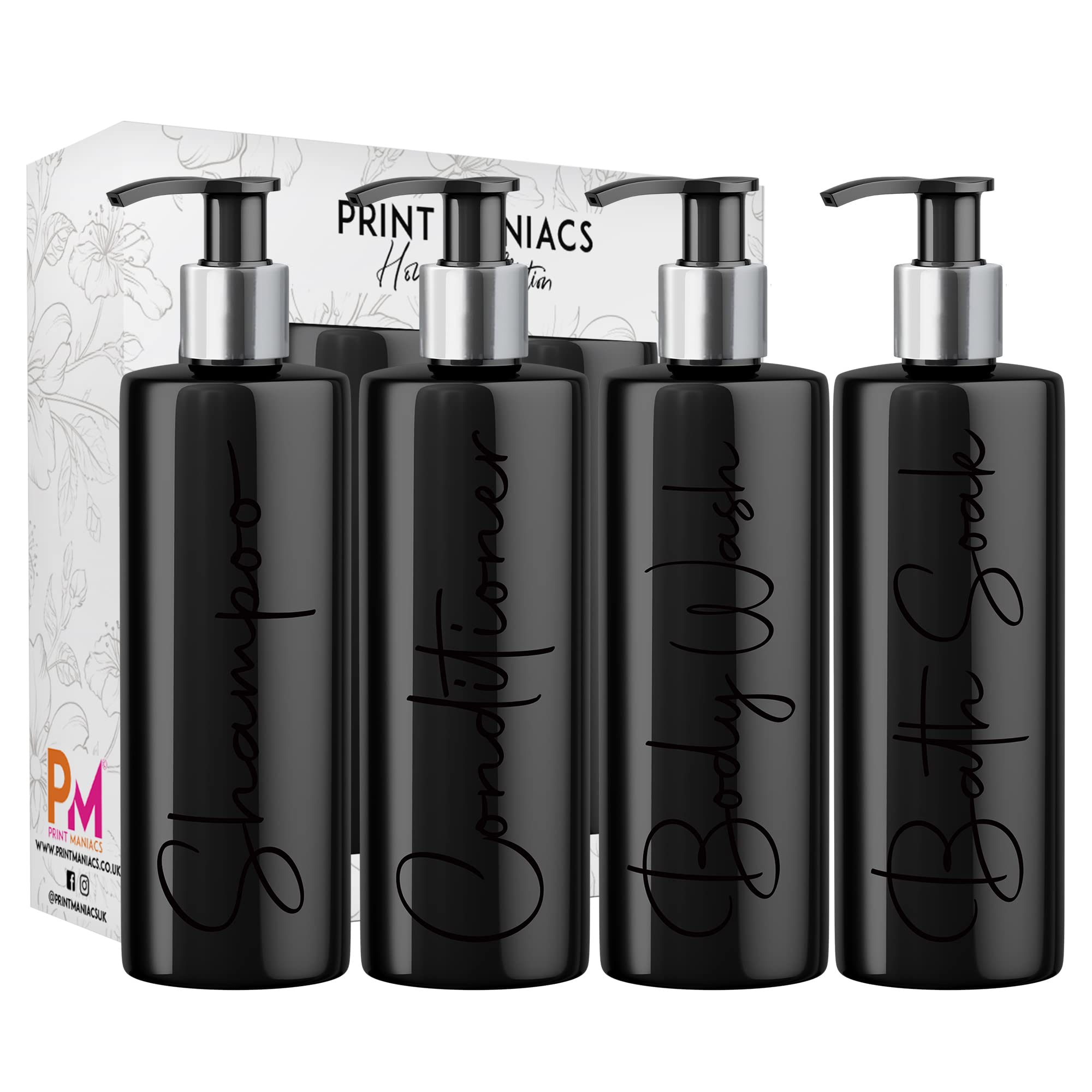 Print Maniacs Mrs Hinch Inspired Black Personalised Dispenser Silver Pump Bottles Set 4 (BLACK,F2)