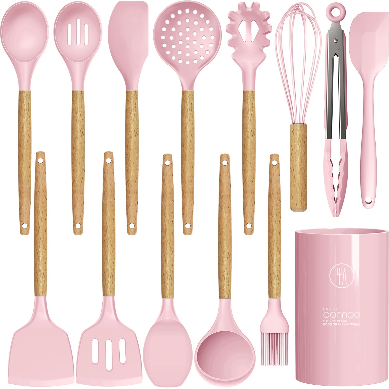 Photo 1 of Silicone Kitchen Utensils Set - 446°F Heat Resistant Cooking Utensil Sets, Spatula,Turner,Tongs,Spoon,Brush,Whisk, Wooden Handle Silicone Kitchen Gadgets Tools for Non-Stick Cookware BPA Free (Pink)