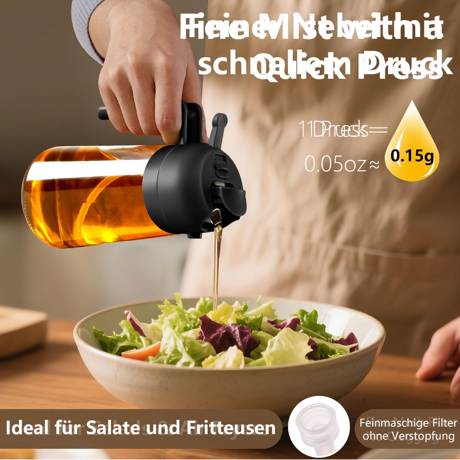 SWEET VIEW 2 in 1 Ölsprüher zum Kochen, 470ml Glasölflaschen/Olivenöl Sprühflasche für Salat, Grillen und Heißluftfritteuse (Schwarz) 3