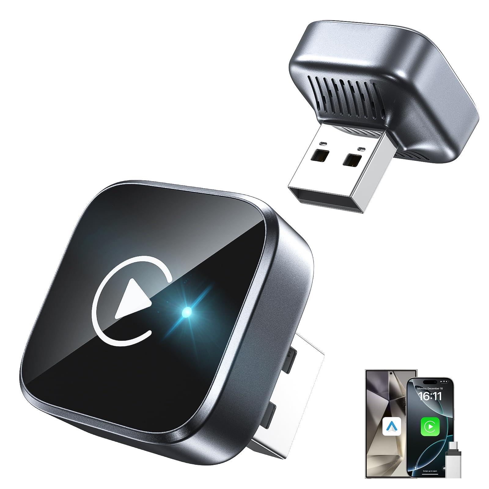 Photo 1 of 2-in-1 Wireless CarPlay Adapter 2026 Support Apple CarPlay & Android Auto, Mini Bluetooth USB A & USB C Dongle Convert Wired to Wireless Compatible with iPhone & Android