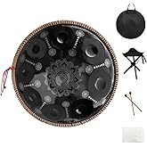432HZ Handpan Set-Premium 22 Inches 9 Sounds D Minor Steel Hand Pan,Handpan Drum Instrument for Adults,Print Black