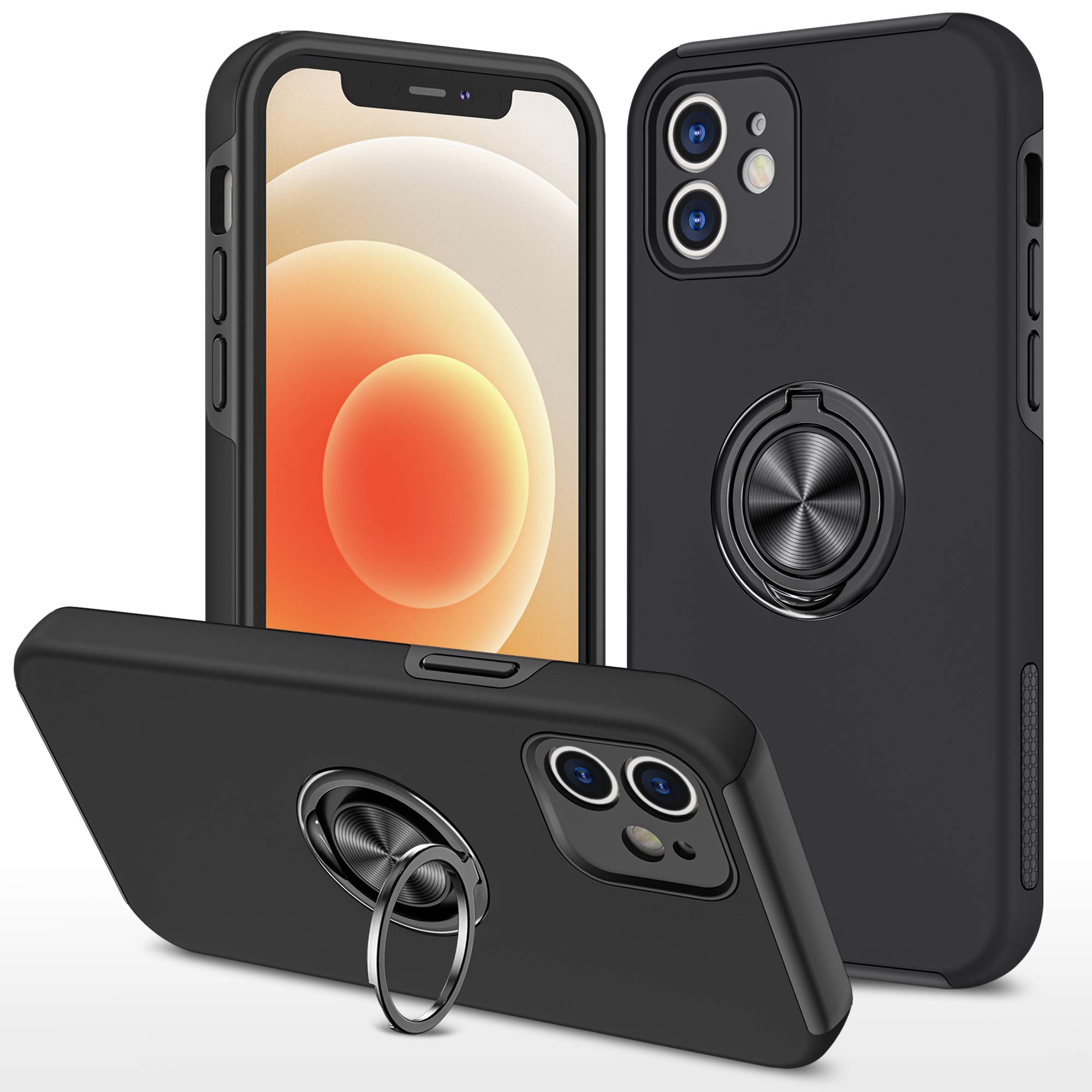 EYZUTAK Case for iPhone 12 6.1 inch, 360 Degree Rotation Magnetic Metal Finger Ring Holder Magnet Car Holder Inner Silicone with Camera Protection Glossy Anti-drop Hard Cover - Black