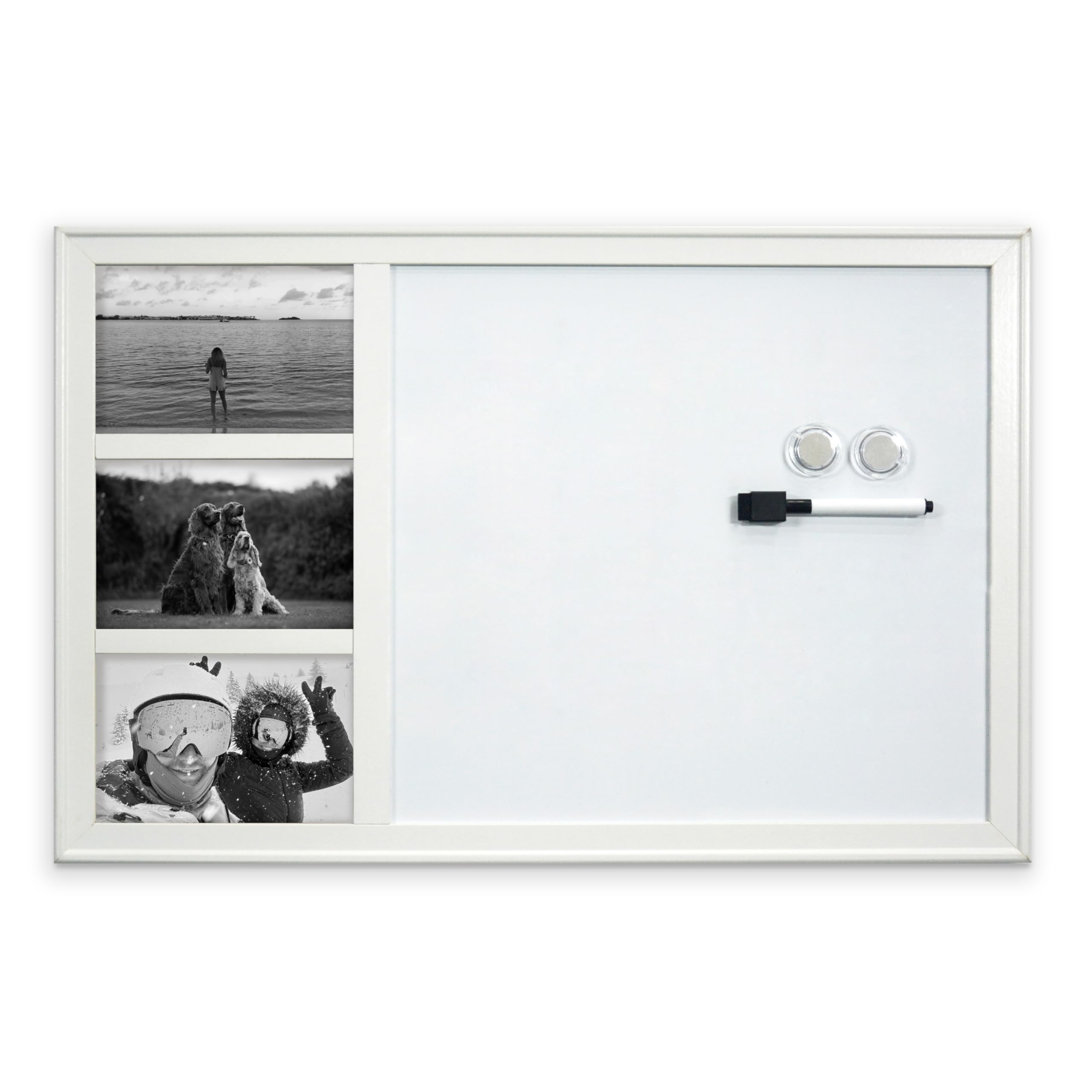 Cathedral Products White Photo Frame Magnetic Dry Erase Board | Premium Dry Erase Surface with 3 Integrated 6"x4" Photo Frames | Includes Marker & Magnets