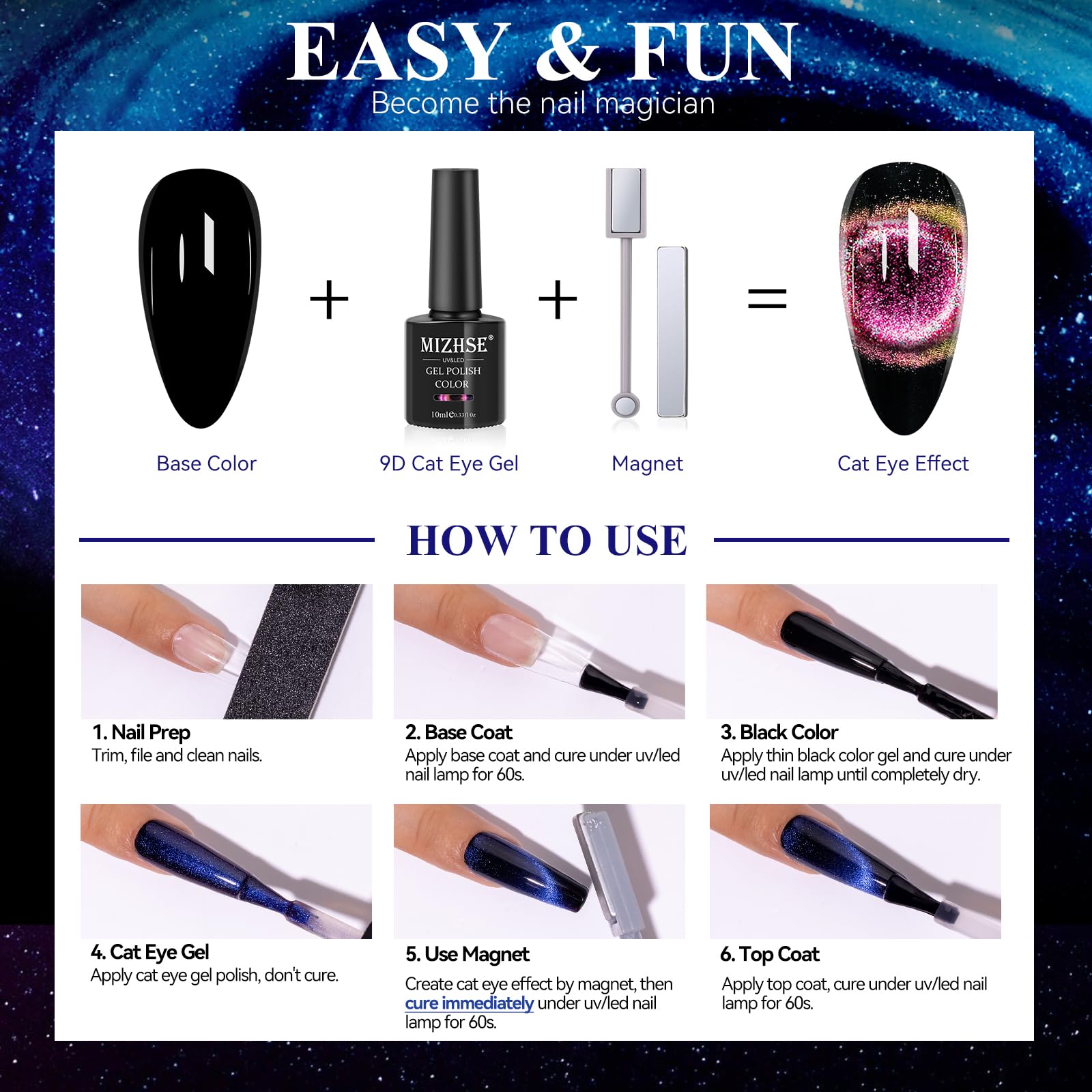 MIZHSE 9D Cat Eye Gel Nail Polish, Magnetic Cat Eye Gel Polish Set, 10ml*6 with 2 Magnets, Classic Colors Chameleon Magic Galaxy Effect Soak off Nail Art, Sparkle Stunning Gel Polish Gift for Women - Image 6