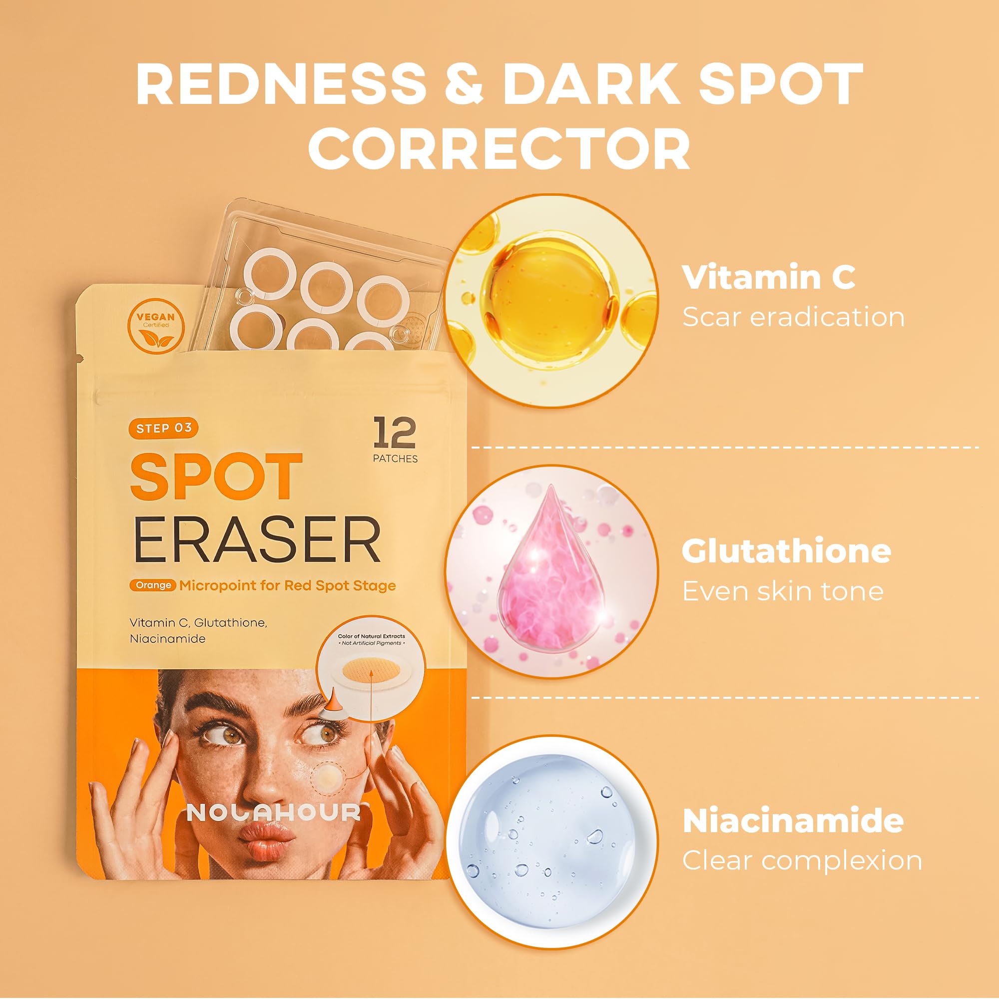 NOLAHOUR Spot Eraser Orange Microneedle Patch Vitamin C Glutathione Niacinamide Hardened Microneedle, Pack of 12, Acne Patch